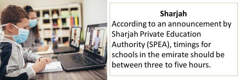 Sharjah According to an announcement by Sharjah Private Education Authority (SPEA), timings for schools in the emirate should be between three to five hours.
