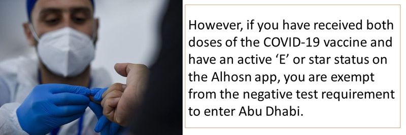 However, if you have received both doses of the COVID-19 vaccine and have an active ‘E’ or star status on the Alhosn app, you are exempt from the negative test requirement to enter Abu Dhabi.