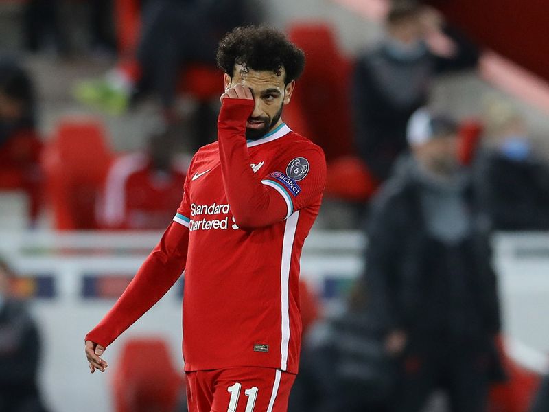 Soccer Football - Champions League - Quarter Final Second Leg - Liverpool v Real Madrid - Anfield, Liverpool, Britain - April 14, 2021 Liverpool's Mohamed Salah reacts REUTERS/David Klein