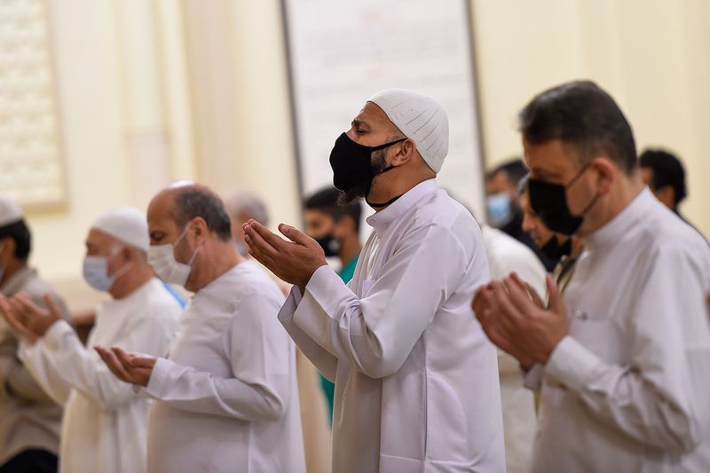 Muslims offering first taraweeh prayers of Holy month of Ramadan at Al Noor mosque in Sharjah.