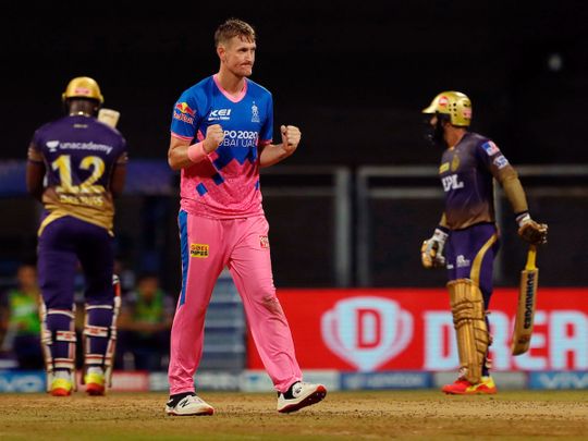 Chris Morris of Rajasthan Royals celebrates the wicket of Andre Russell of Kolkata Knight Riders 