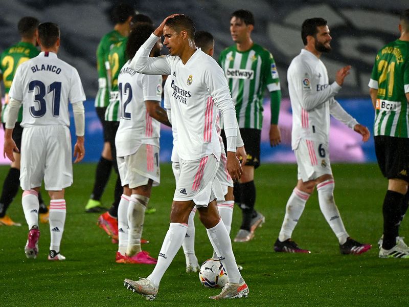 Real Madrid's French defender Raphael Varane is downcast after the draw with Real Betis 