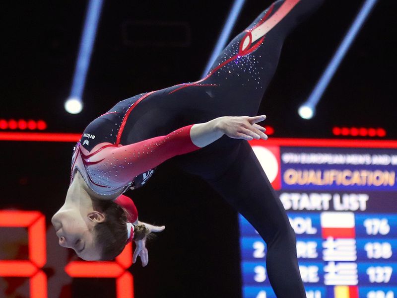 Germany's Sarah Voss in action during the Women's Beam.