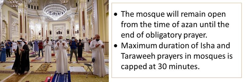 The mosque will remain open from the time of azan until the end of obligatory prayer. Maximum duration of Isha and Taraweeh prayers in mosques is capped at 30 minutes.