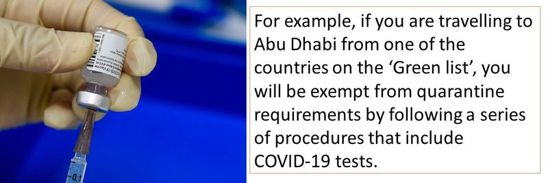 For example, if you are travelling to Abu Dhabi from one of the countries on the ‘Green list’, you will be exempt from quarantine requirements by following a series of procedures that include  COVID-19 tests.