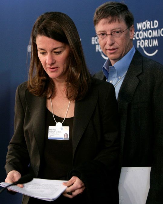  Melinda French Gates and her husband Bill Gates, chairman and founder of Microsoft Corporation the worldwide leader in software arrive for a news conference of the GAVI alliance - formerly known as the Global Alliance for Vaccines and Immunisation - at the World Economic Forum (WEF) in Davos January 26, 2007. The GAVI Alliance include the GAVI Fund, national governments, UNICEF, WHO, The World Bank, the Bill & Melinda Gates Foundation, the vaccine industry, public health institutions and nongovernmental organizations (NGOs) focused on increasing children's access to vaccines in poor countries.  