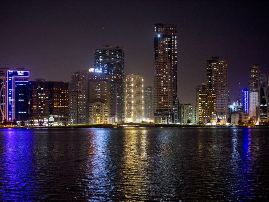 Stock Sharjah skyline Corniche