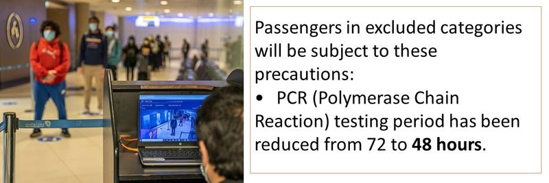 Passengers in excluded categories will be subject to these precautions: •	PCR (Polymerase Chain Reaction) testing period has been reduced from 72 to 48 hours.
