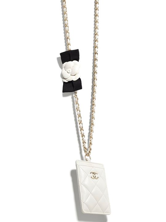 Chanel Card holder, white leather chain with a bow and a camellia 