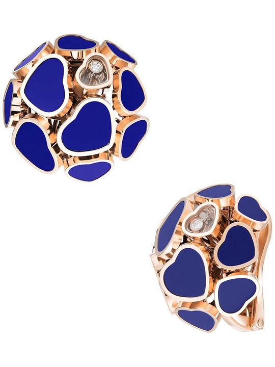 Chopard Happy Hearts collection, earclips turquoise and blue stone inlay and moving diamond on rose gold