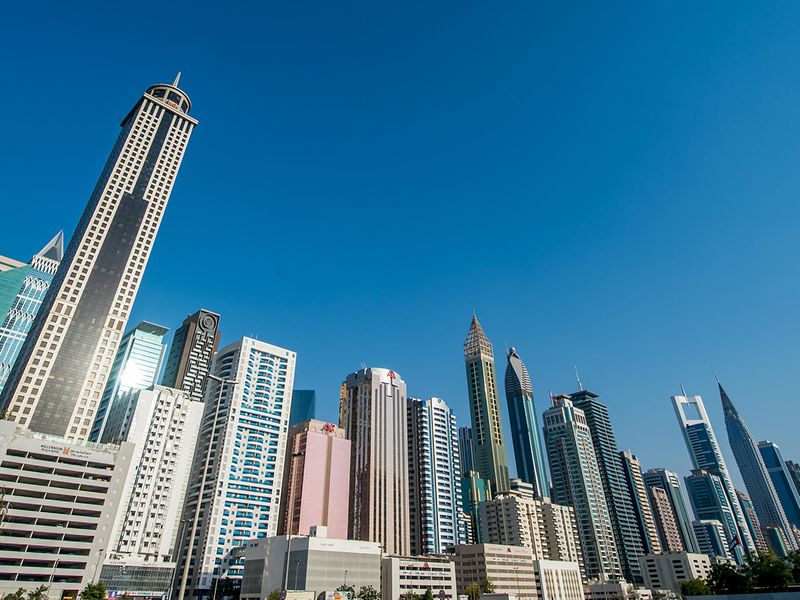 Stock Dubai skyline Sheikh Zayed Road