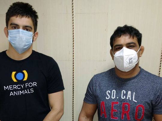 Wrestler Sushil Kumar and his associate Ajay Kumar arrested by Delhi Police special cell in connection with the Chhatrasal Stadium murder case, in New Delhi on Sunday. 