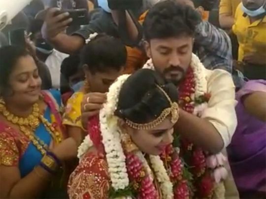 A couple tied the knot on-board a chartered flight from Madurai, Tamil Nadu. Their relatives & guests were on the same flight.