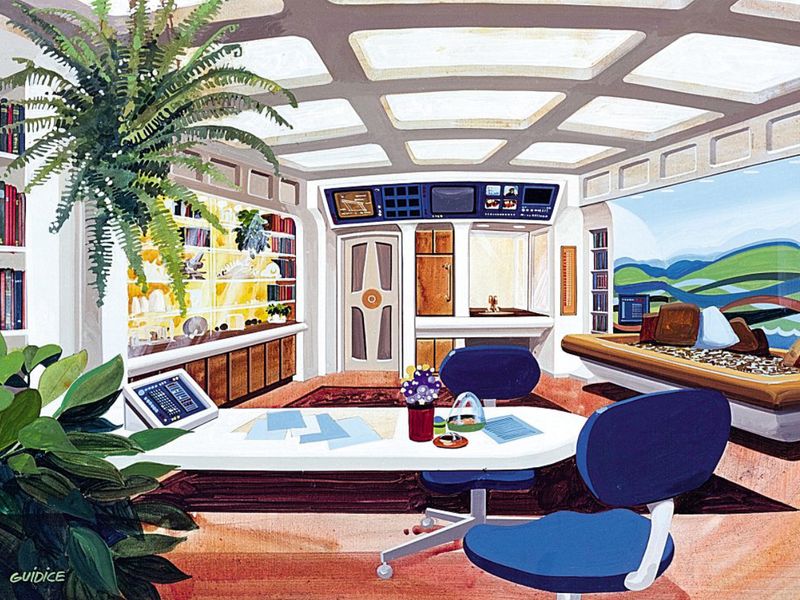 Three paintings of space colonies by Rick Guidice 