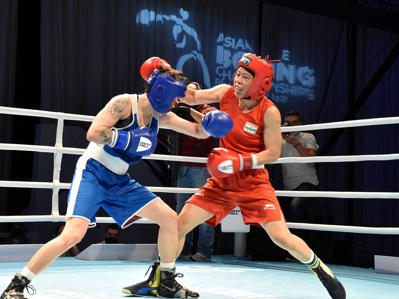 India's Mary Kom in action against Nazym Kyzaibay of Kazakhstan during women’s 51kg final bout at the ASBC Asian Boxing Championships 2021 in Dubai