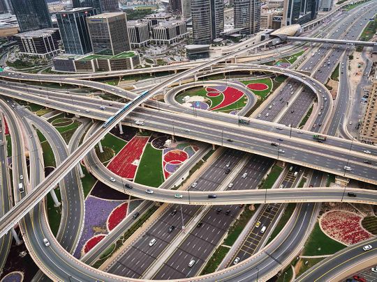 STOCK Dubai skyline sheikh zayed road economy INTERCHANGE