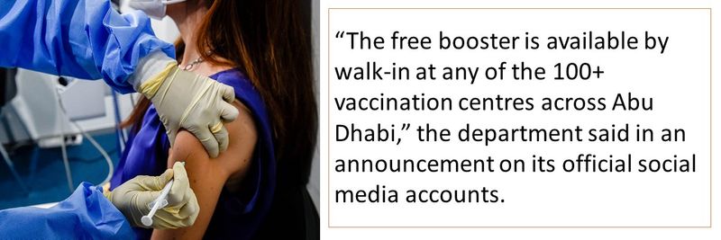 “The free booster is available by walk-in at any of the 100+ vaccination centres across Abu Dhabi,” the department said in an announcement on its official social media accounts.