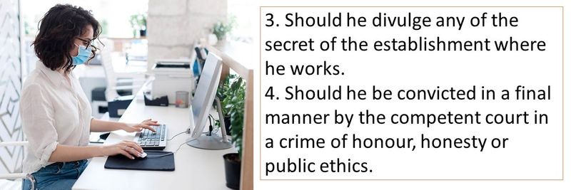 3. Should he divulge any of the secret of the establishment where he works. 4. Should he be convicted in a final manner by the competent court in a crime of honour, honesty or public ethics.