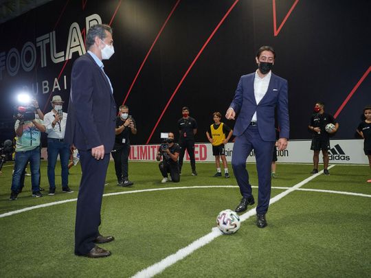 Portugal legend Rui Costa and Hussein Murad, Managing Director of Footlab Dubai, take the first kick-off.