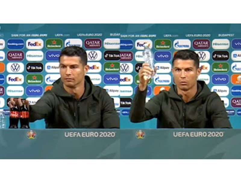 Cristiano Ronaldo removes the Coca-Cola bottles