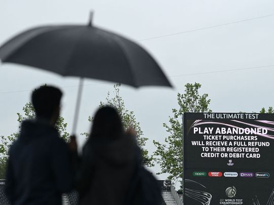 A scoreboard announces the abandonment of the day's play due to the rain on the fourth day of the ICC World Test Championship Final between New Zealand and India at the Ageas Bowl in Southampton
