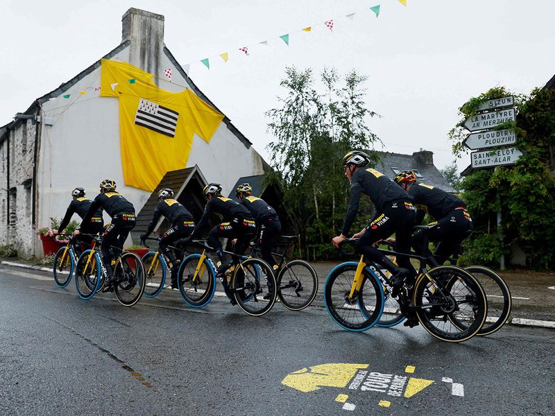 Team Jumbo Visma's riders train ahead of the first stage of the 108th edition of the Tour de France in Brest