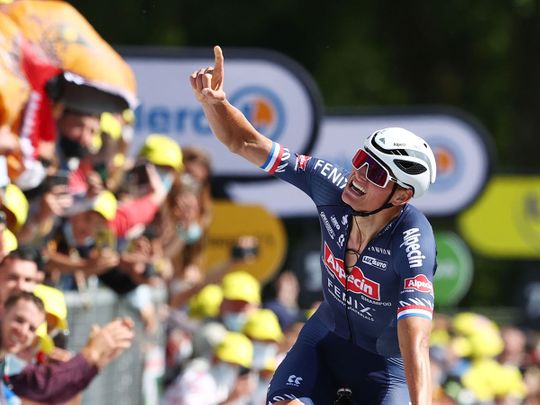Alpecin–Fenix rider Mathieu van der Poel celebrates after winning the second stage of the 2021 Tour de France