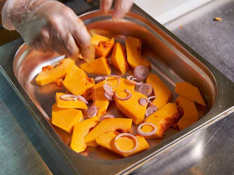 Thinly sliced shallots and butternut squash 