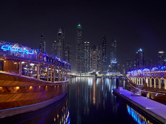 Stock Dubai skyline creek harbour