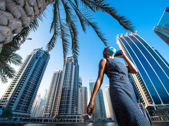 Stock Dubai skyline tourists