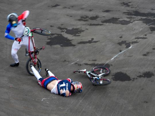 Connor Fields crashes during a men's BMX semi-finals