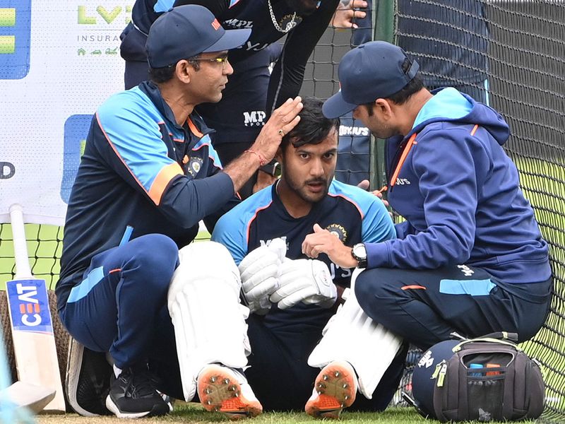 India's Mayank Agarwal it treated after an injury in the nets