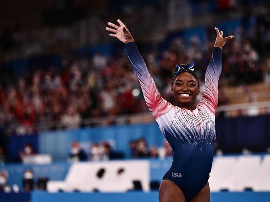 USA's Simone Biles competes in the artistic gymnastics women's balance beam final 