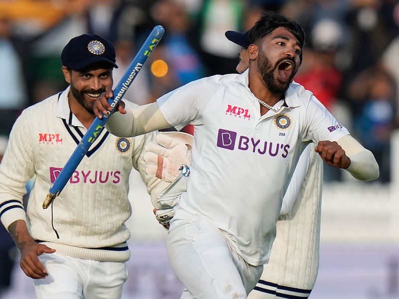 India's Mohammed Siraj celebrates after taking the wicket of England's James Anderson, with India winning the 2nd Test at Lord's 