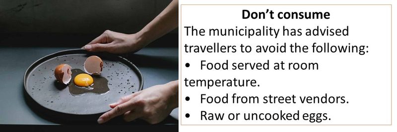 Don’t consume The municipality has advised travellers to avoid the following: •	Food served at room temperature. •	Food from street vendors. •	Raw or uncooked eggs.