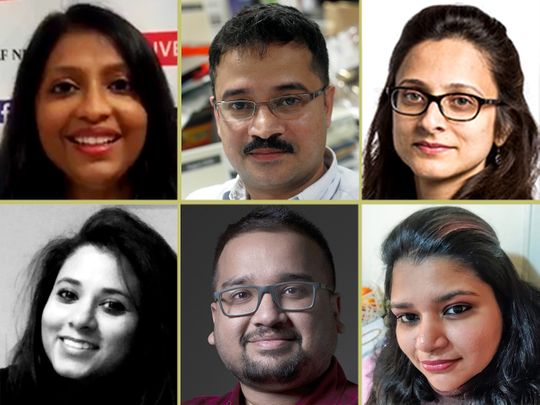From top left: Manjusha Radhakrishnan, Babu Das Augustine, Anupa Kurian-Murshed, Surabhi Vasundharadevi, Justin Varghese, Evangeline Elsa. 