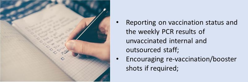 Reporting on vaccination status and the weekly PCR results of unvaccinated internal and outsourced staff;  Encouraging re-vaccination/booster shots if required;