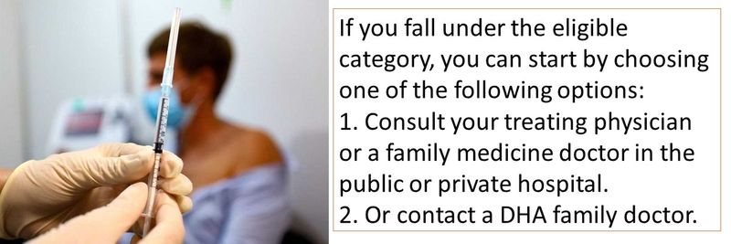 If you fall under the eligible category, you can start by choosing one of the following options:  1. Consult your treating physician or a family medicine doctor in the public or private hospital. 2. Or contact a DHA family doctor.