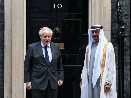 Sheikh Mohamed bin Zayed Al Nahyan with UK Prime Minister Boris Johnson.