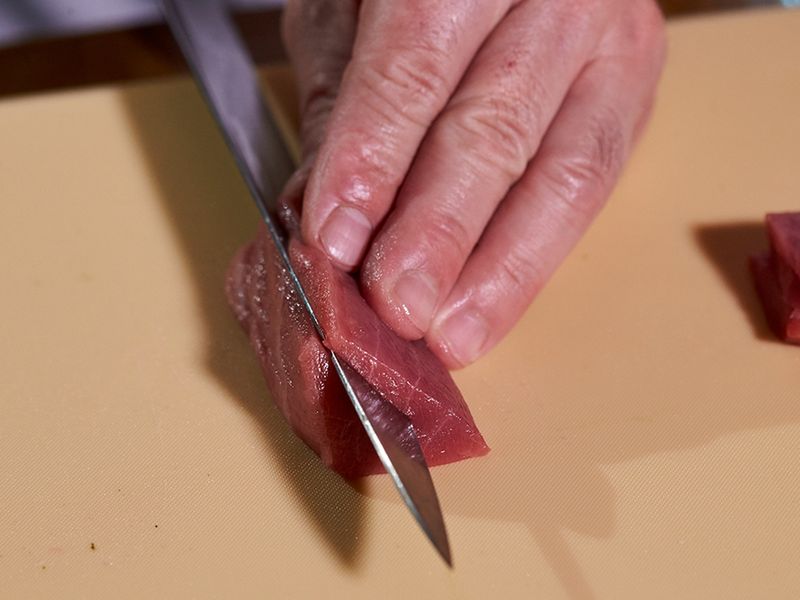 Slice the tuna into 3/4 inch slices 