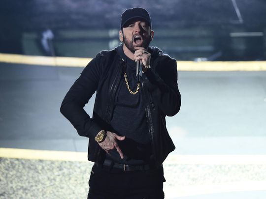 In this Feb. 9, 2020 file photo, Eminem performs at the Oscars on at the Dolby Theatre in Los Angeles.