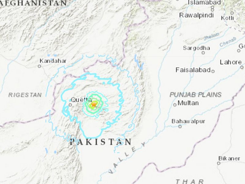 A USGS map showing the epicenter of the quake in Pakistan and the affected area 