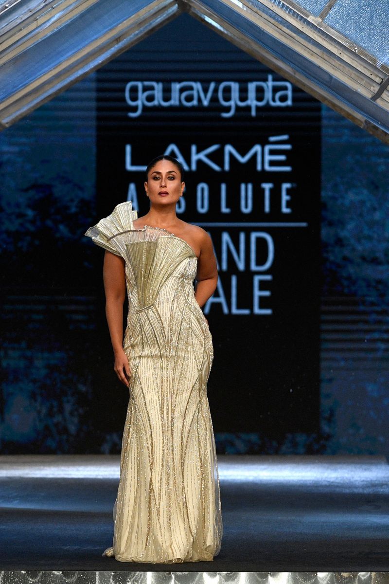 Bollywood actress Kareena Kapoor Khan presents a creation by Indian designer Gaurav Gupta during the Lakme Absolute Grand Finale fashion show in Mumbai on October 10, 2021