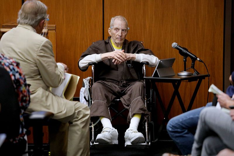 Former New York real estate scion Robert Durst testifies in his murder trial in August, answering questions from defense attorney Dick DeGuerin, left, at the Inglewood Courthouse in Inglewood, California. 