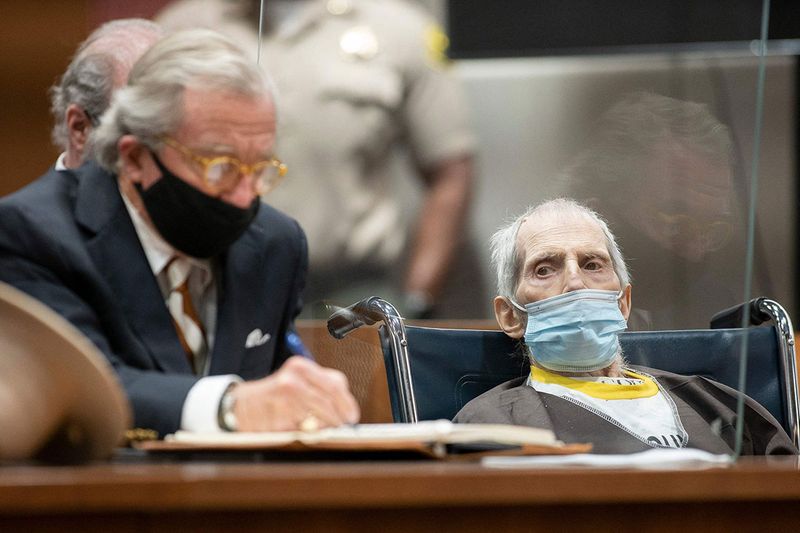 Robert Durst is sitting next to defense attorney Dick DeGuerin in the Airport Courthouse, as he is sentenced to life without possibility of parole for the killing of Susan Berman on October 14, 2021 in Los Angeles. 