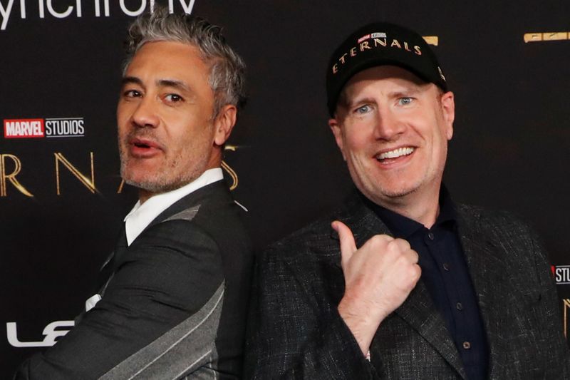 Producer and Marvel Entertainment's Chief Creative Officer Kevin Feige poses with director Taika Waititi at the premiere for the film 