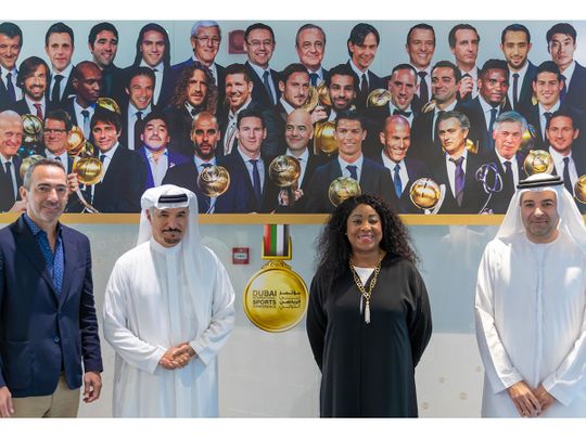Saeed Hareb, Secretary General of Dubai Sports Council, with Fatma Samoura, the Secretary General of Fifa, former France international Youri Djorkaeff and Nasser Aman Al Rahma, Assistant Secretary General of DSC