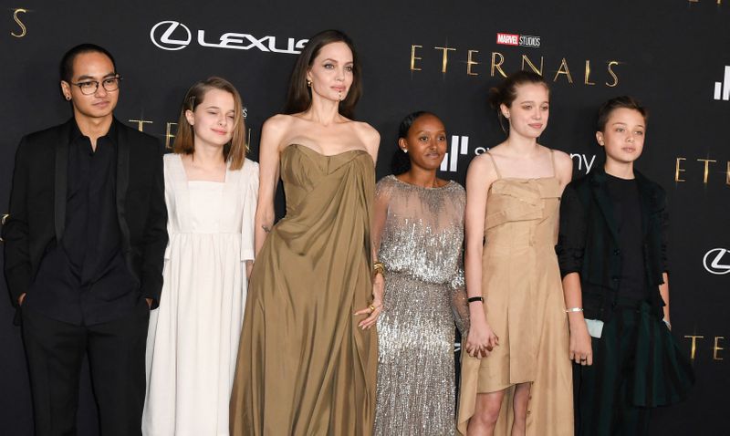 US actress Angelina Jolie and her children (L-R) Maddox, Vivienne, Zahara, Shiloh and Knox arrive for the world premiere of Marvel Studios' 