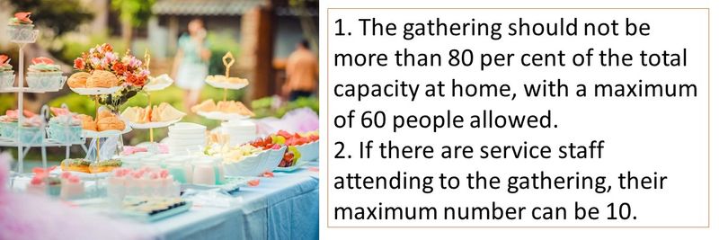 1. The gathering should not be more than 80 per cent of the total capacity at home, with a maximum of 60 people allowed. 2. If there are service staff attending to the gathering, their maximum number can be 10.