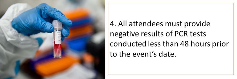 4. All attendees must provide negative results of PCR tests conducted less than 48 hours prior to the event’s date.